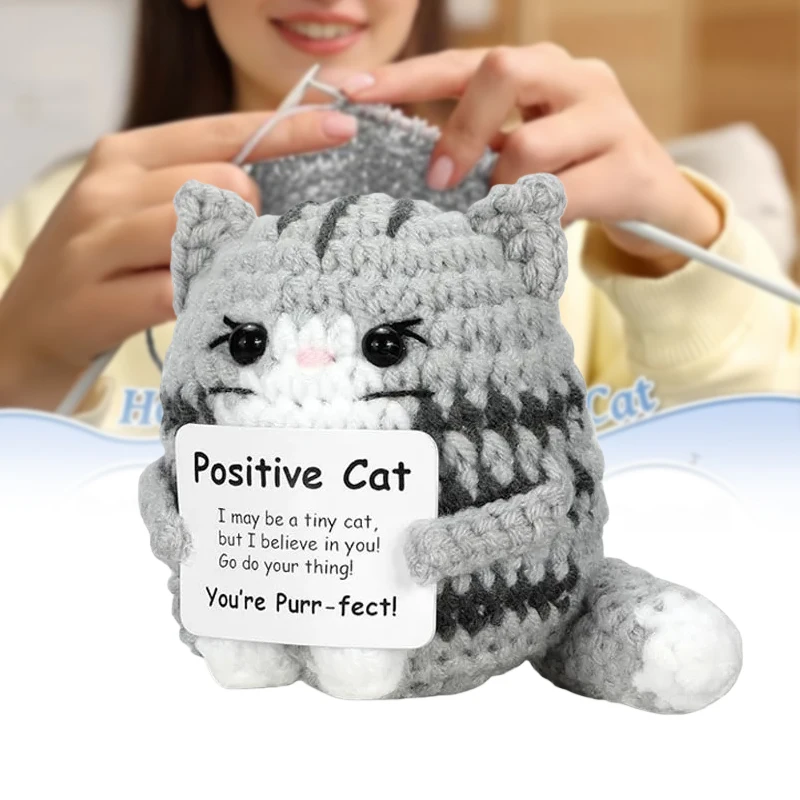 Positive Crochet Cat Mini Animal Handmade Knitted Doll With Card Funny Christams For Friends Girls Gift Home Room Decoration