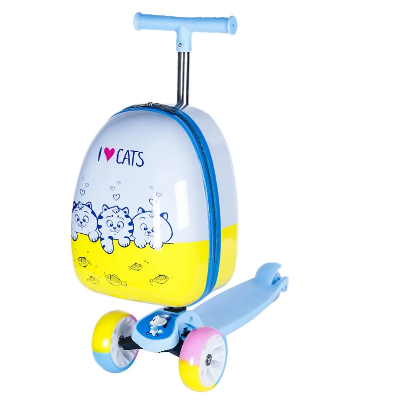 Scooter de bagagem dos desenhos animados infantis, mala de viagem, mochila dobrável com rodas, meninos e meninas, 16