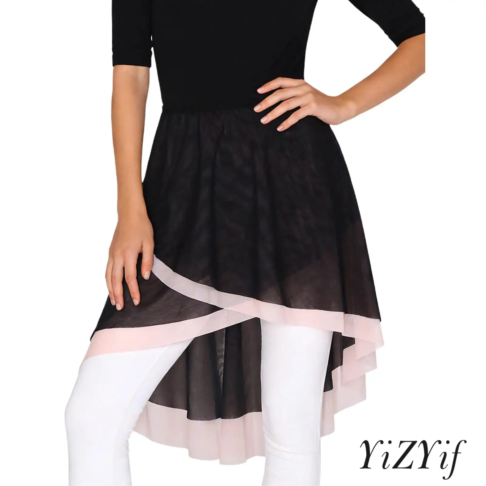 

Womens Lyrical Ballet Dance Skirt Color Block Sheer Mesh Irregular Hem with One Piece Tying Wrap for Ballet Practice Dancewear