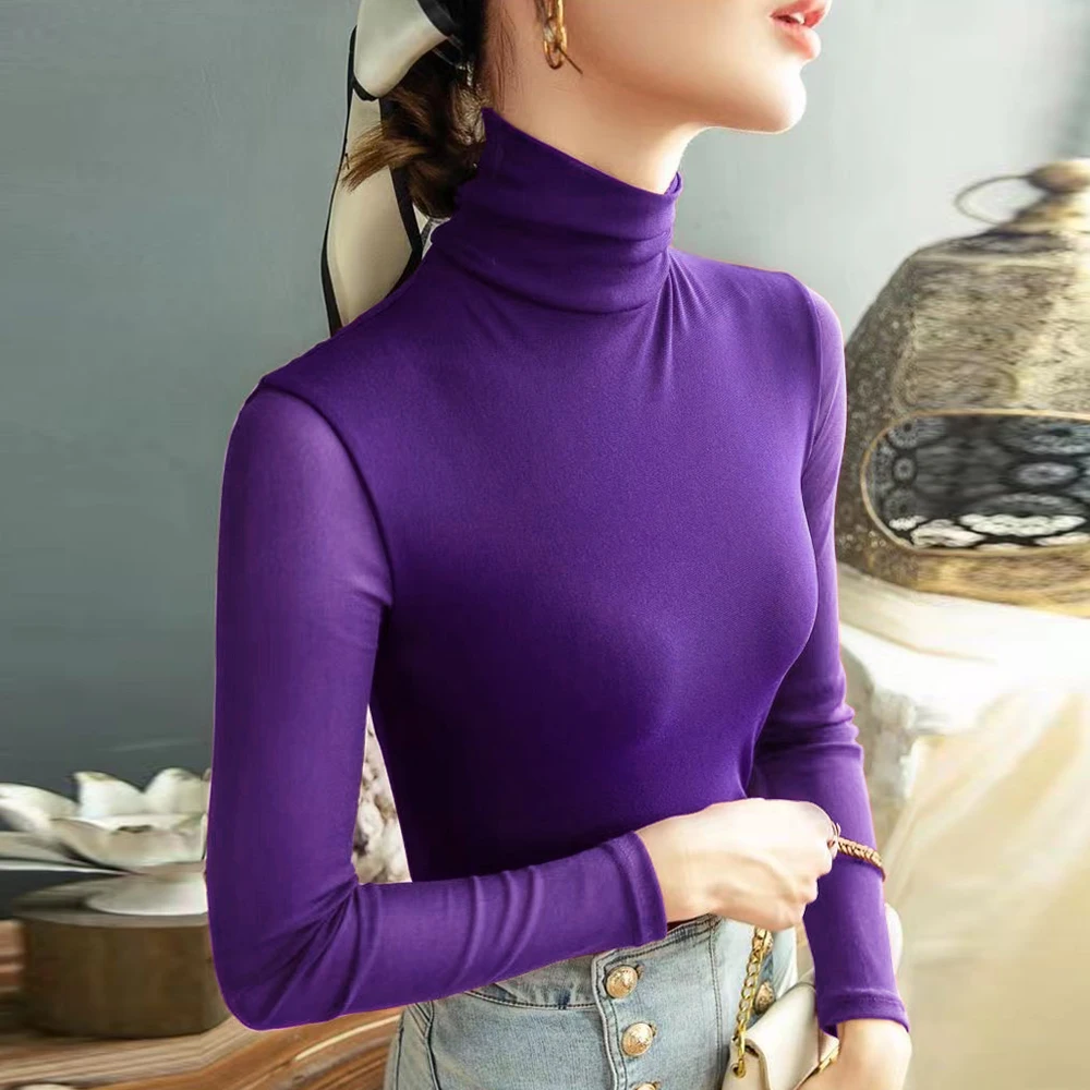 Women's Mesh T Shirt White Coffee Purple S-4XL High-neck Long Sleeve Shirt Women Slim Stretch Bottoming Tops Sexy Tees Ladies