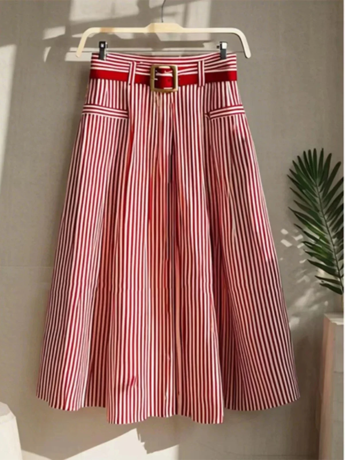 New Red Vertical Striped Loose High Waist A-Line Midi Skirt Women's Early Autumn Forest System ArtisticPersonalized full-length