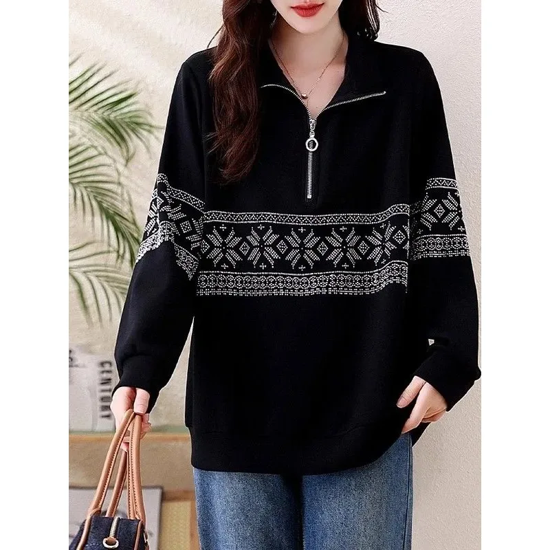 

Женский свободный универсальный повседневный свитшот больших размеров с ромбовидным воротником-стойкой, женский осенний новый топ для тяжелой промышленности