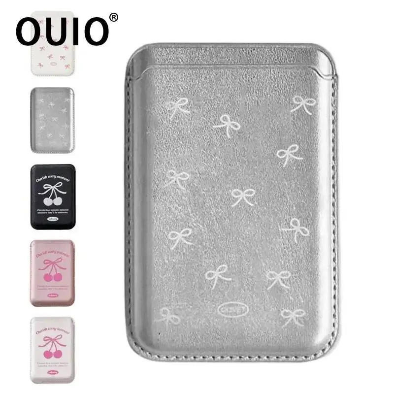 OUIO Flower Pink Bow Magnet-Geldbörse für Handys mit starken Magneten, niedlicher, schlanker magnetischer Kartenhalter aus PU-Leder für MagSafe Wallet