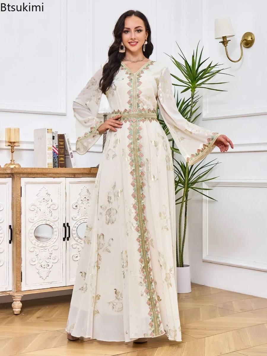 

Новые весенние элегантные макси-платья с вышивкой и вставками для женщин, мусульманская мода, абайи, вечерние платья для вечеринок в Дубае, исламская одежда, роба