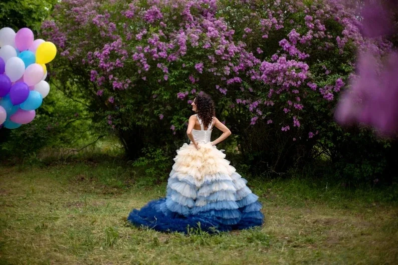 Saias de casamento em camadas femininas, Vestidos Extremantes, Vestido de Noivado, Saia Longa, Ombre Cor Azul, Couture Casamento