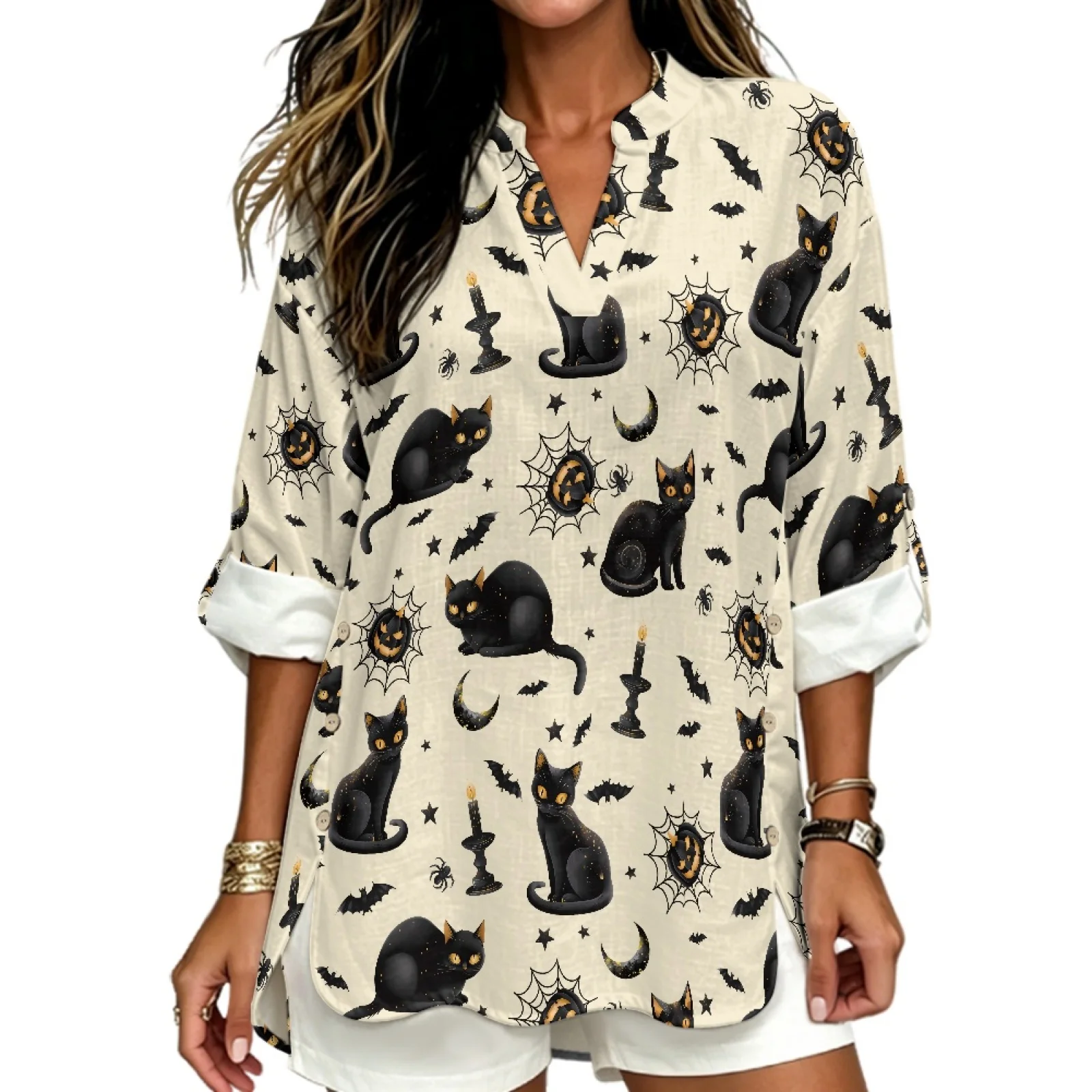PENSTROLL Black Cat Halloween Linen Like V Neck Blouses Tunic Shirts for Women Oversized V Neck Loose Fit Tunic Top