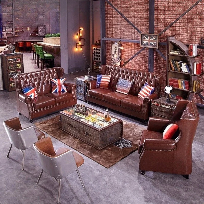 American country pull-button leather sofa three-seater retro sofa first floor cowhide living room small villa combination