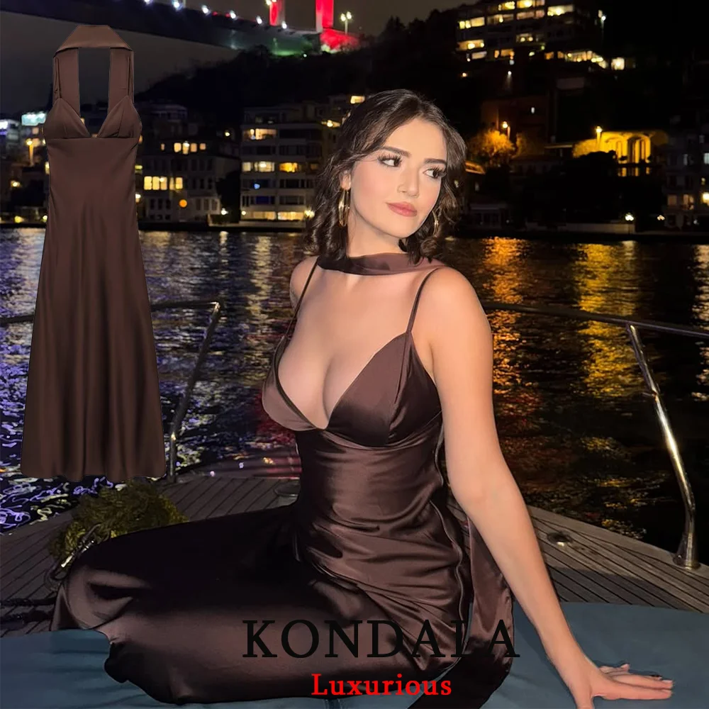 KONDALA Christmas New Year Party Long Dress V Neck Scarf Backless Cami Dress Fashion 2025 Chic Brown Evening Club Dress