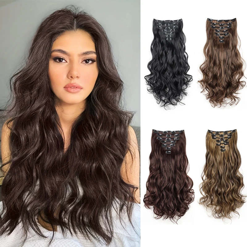 

Синтетические 18-дюймовые длинные вьющиеся волосы, термостойкие заколки для наращивания волос черного, коричневого цвета, блондинка для женщин