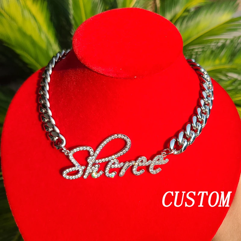 

Customized Stainless Steel Words Rhinestone Name Necklace With 1.2CM Stainless Steel Cuban Chain for Men Women Drop Shipping