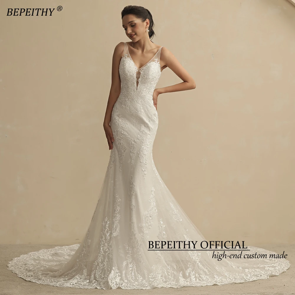 BEPEITHY Customized Real Image Mermaid Lace Wedding Dress For Women Court Train Sleeveless V Neck Open Back Vintage Bridal Gown