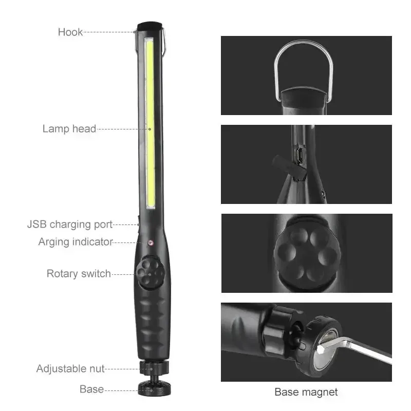 New COB LED Flashlight Magnetic Work Light USB Rechargeable Torch Hook Portable Lantern Inspection Light Camping Car Repair Lamp