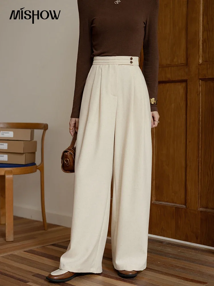 MISHOW Casual Linen Blended Wide Leg Pants Women Autumn 2024 High Waist Trousers Loose Back Elastic Waist Solid Pants MXD44K0762