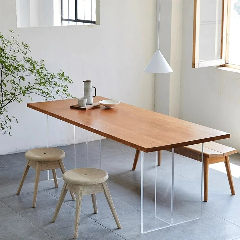 Triple log table panel solid wood dining table acrylic suspension table