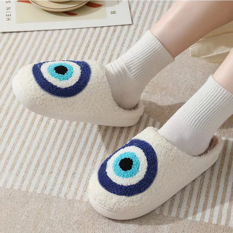 Cartoon Blue Eye Fluffy Fur Slippers Women Warm Closed Toe Cute Plush Cotton Slippers 2024 Winter Home Soft Indoor Shoes