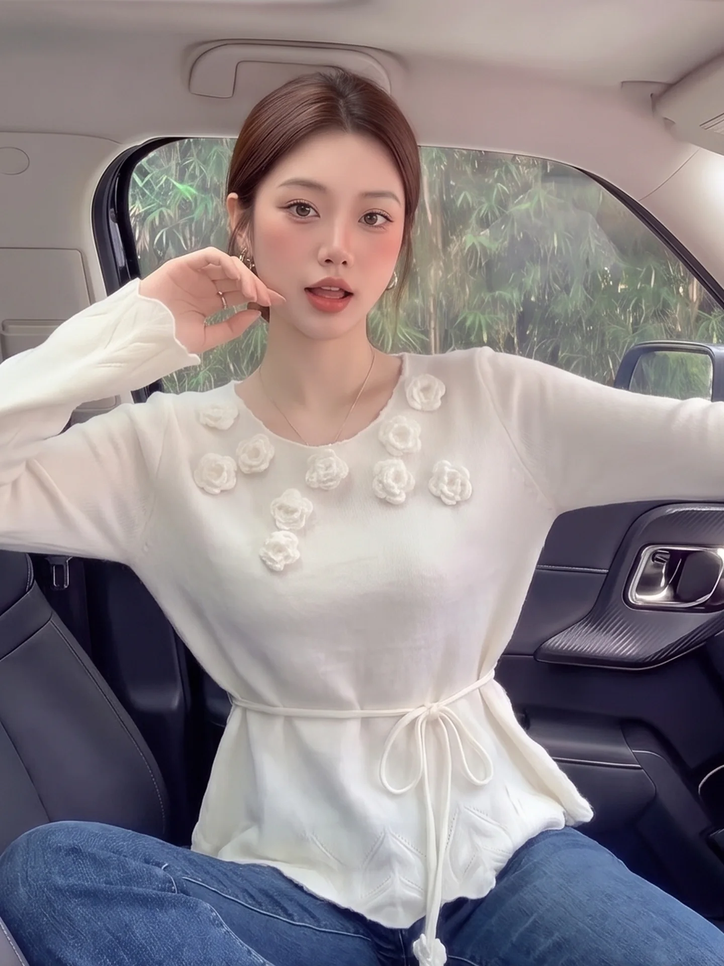 Soft Knitted Long Sleeve Women's Sweater Autumn Winter Fashion Design Slimming Belted Base Layer Top with 3D Flower Embellish...