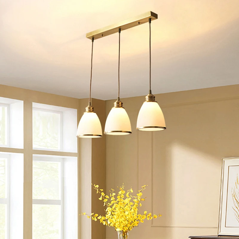 

All Copper Frosted Glass Ceiling Chandelier Simple Retro Warm Hanging Lamp for Dining Living Room Bedroom Study Indoor LED Light