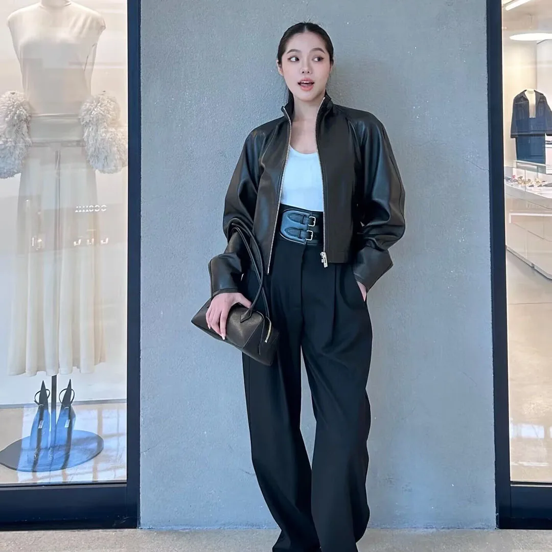 最高品質 100% 羊革ジャケット レディース スタンドカラー ジッパー ラグラン袖 ブラック バックワイドベルト レトロ 本革 ショートコート