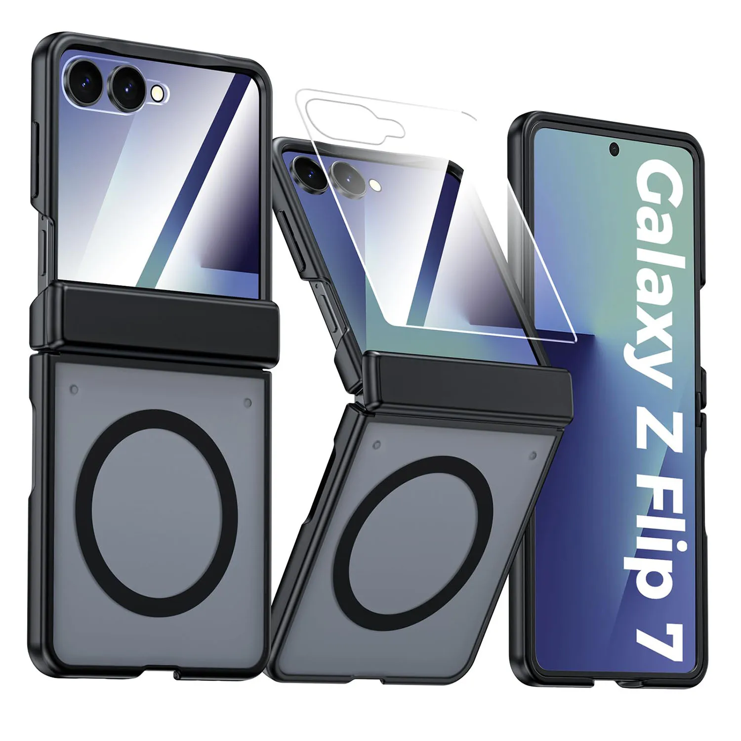 

Магнитный чехол для Samsung Galaxy Z Flip 7 — тонкий, полупрозрачный матовый, встроенная защита экрана и шарниров, противоударный