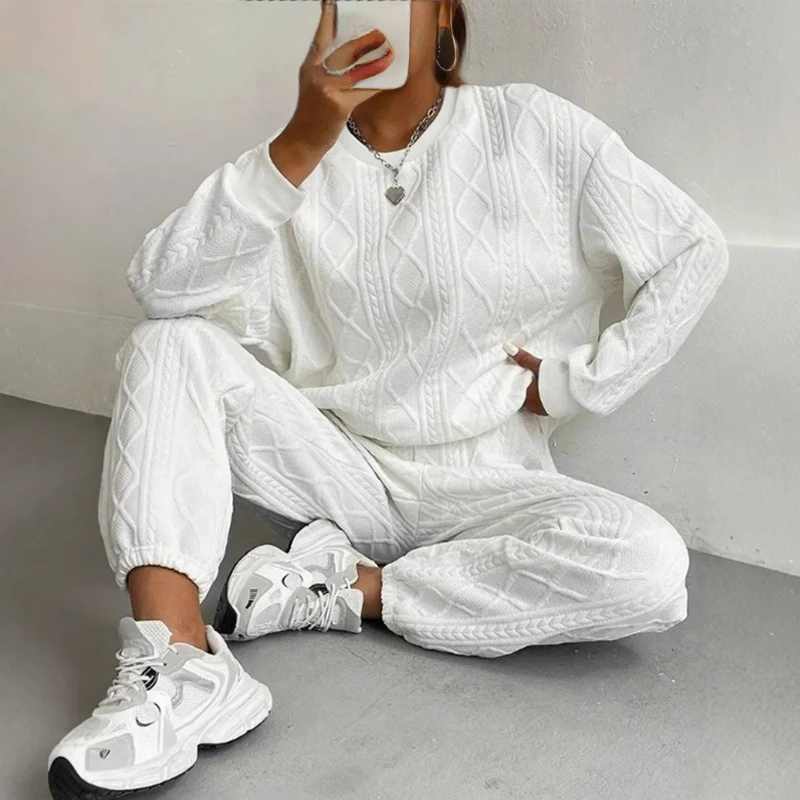 Conjunto de dos piezas de pantalones para mujer, pantalones de cintura elástica, Tops de manga larga con cuello redondo, jersey con empalme, informal, liso, otoño 2025
