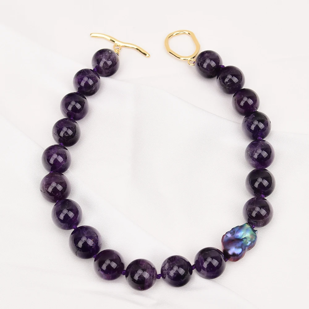 GG 18\'\' Big Stone Natural 20mm Purple Amethyst Quartz Round Beads Black Keshi Baroque Pearl Chokers Necklace Handmade For Lady