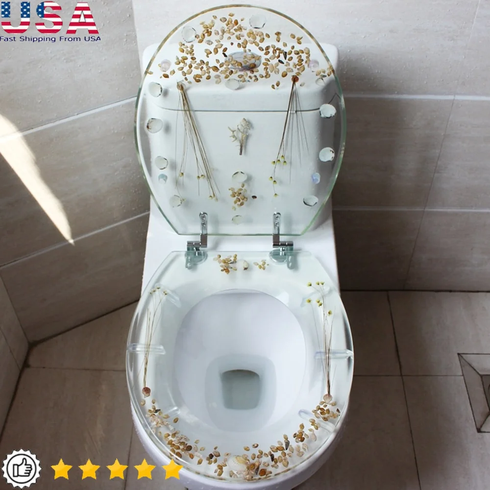 

Transparent Resin Toilet Seat with Seashells Slow Close Hinges Easy Clean U/V Shape Bathroom Decor 175kg Weight Capacity