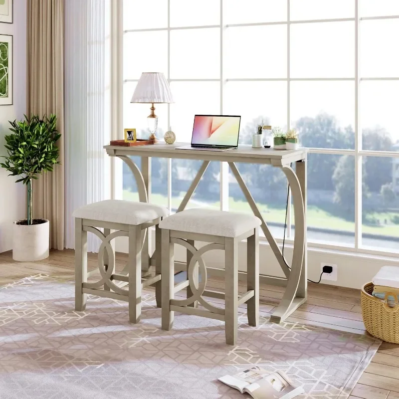 Farmhouse Style Counter Height Upholstered Stools, Rustic Bar Built-in USB, Easy Assembly & Care, Room, Apartment