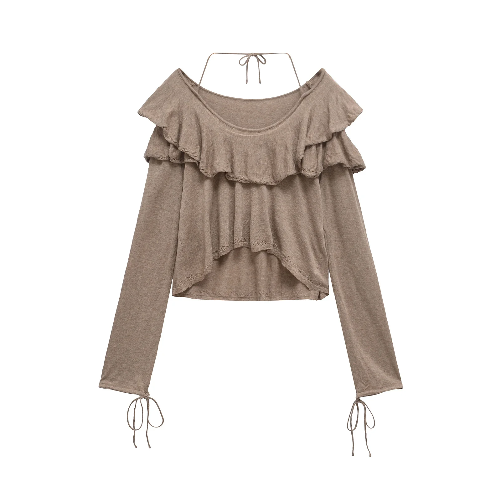 Dave&Di Minimalist Women's Clothing Elegnat Khaki Ruffled Knit Shirt Spring Layered Blouse Women Pullover Loose Sweaters Top