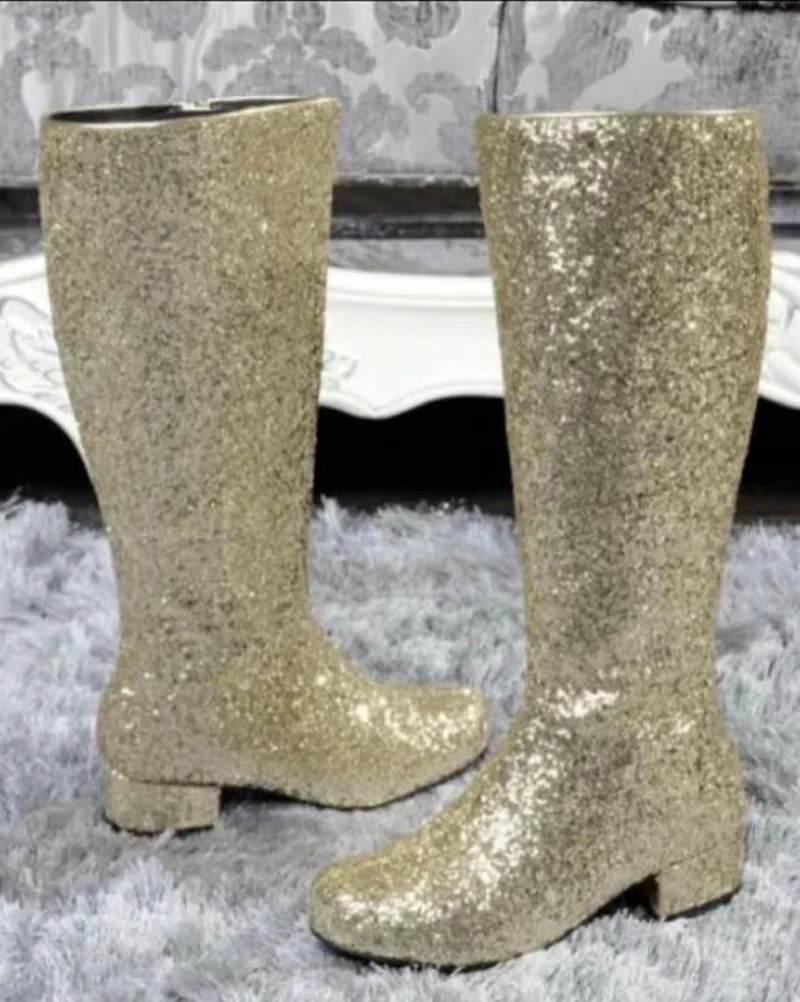 Botas hasta la rodilla de tacón bajo con lentejuelas plateadas y doradas para mujer, botas de rendimiento con purpurina para escenario, punta redonda y tacón grueso