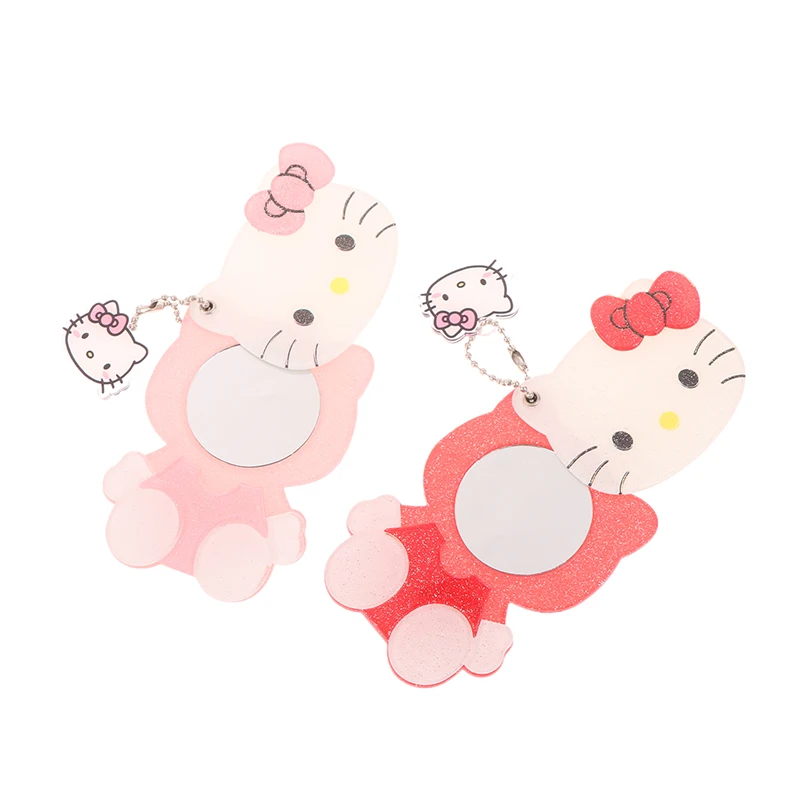 Sanrio Hello Kitty Makeup Mirror Keyrings Kawaii Anime Sliding Cover Mirror Cartoon Portable Looking Glass With Keychains