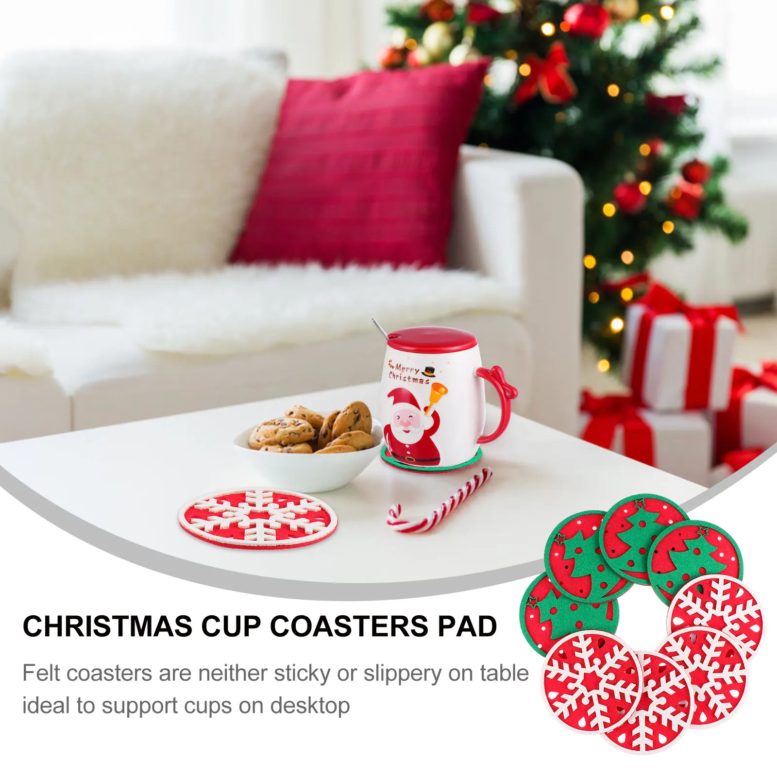 

8pcs Felt Coasters Round Cup Mat Christmas Table Decor Xmas Holiday Home Office Furniture Protection Liquid Absorbent