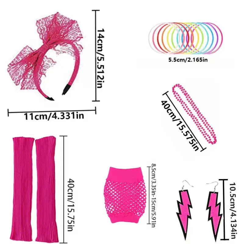 PESENAR Kostiumy i akcesoria na imprezy w stylu lat 80., Opaska na głowę z lat 80., Kolczyki, Rękawiczki z siatki, Naszyjnik, Bransoletka, Ocieplacze na nogi