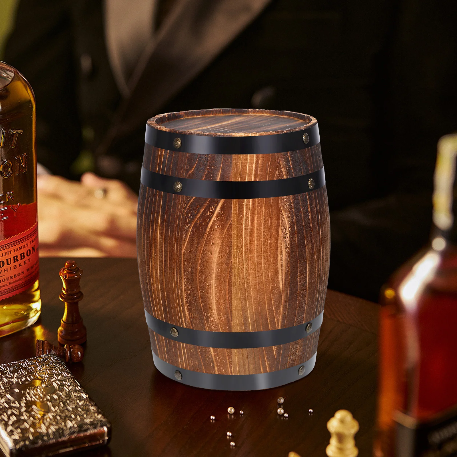 

Oak Barrel Decoration Small Wooden Barrels Carbonized Color Sturdy Material Handmade Craftsmanship Photos Aesthetic Value