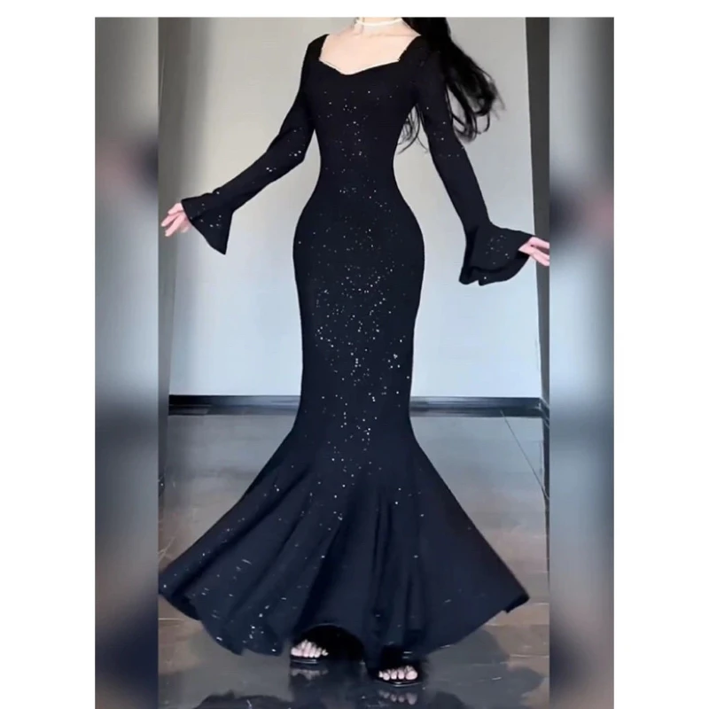 

Prom Slim Party Elegant Dress Spring Autumn Women Clothing Square Collar Flare Sleeve Sequined Mermaid Fashion Evening Dresses