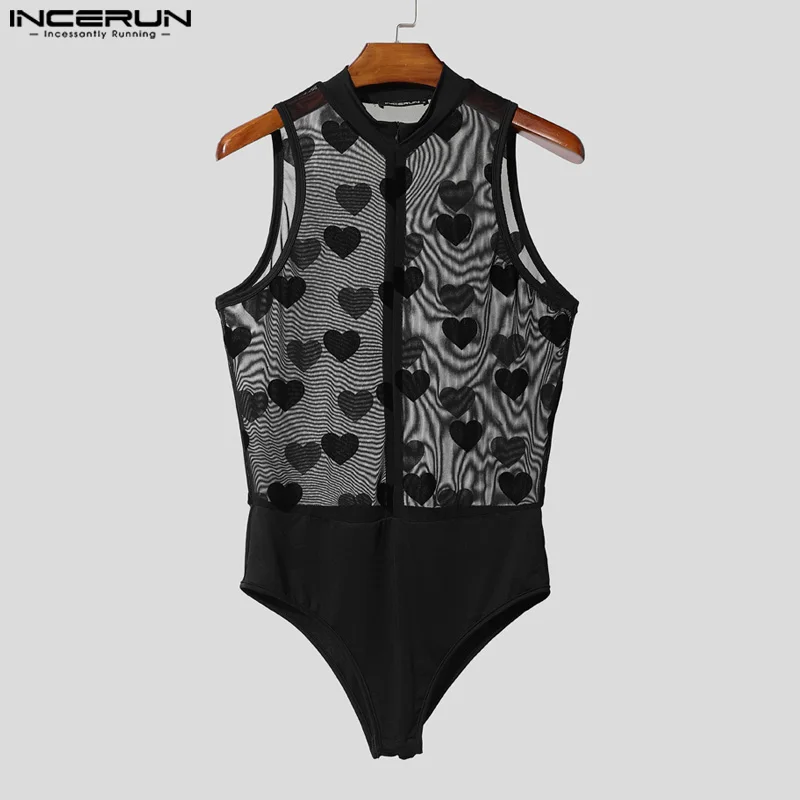 INCERUN เสื้อกันหนาวผู้ชายพิมพ์ตาข่าย Patchwork ดูผ่านเซ็กซี่ชาย Rompers 2025 ซิปแขนกุดแฟชั่นบอดี้สูทผู้ชาย S-5XL