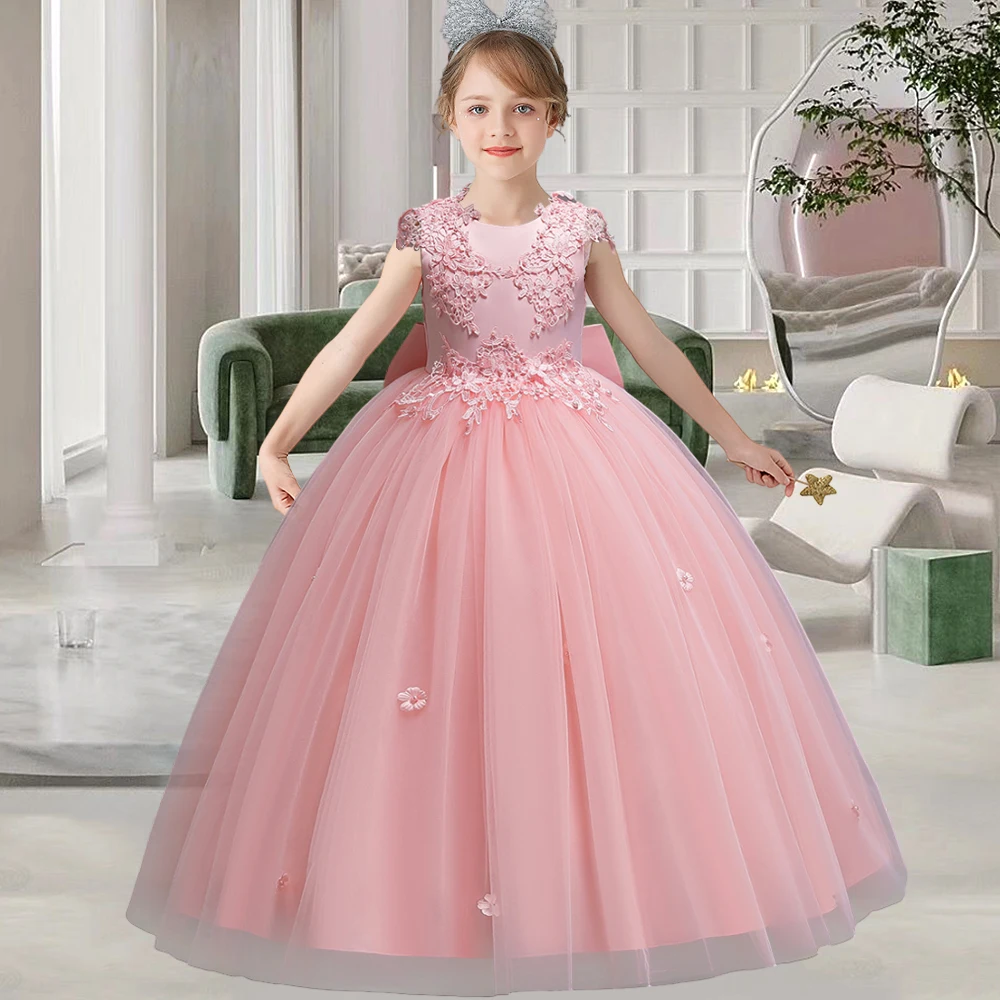 6-14 Years Teen Girls Long Dress Bridesmaid Kids Dresses Children Princess Party Wedding Prom Gown Formal Occasion Bow Dresses