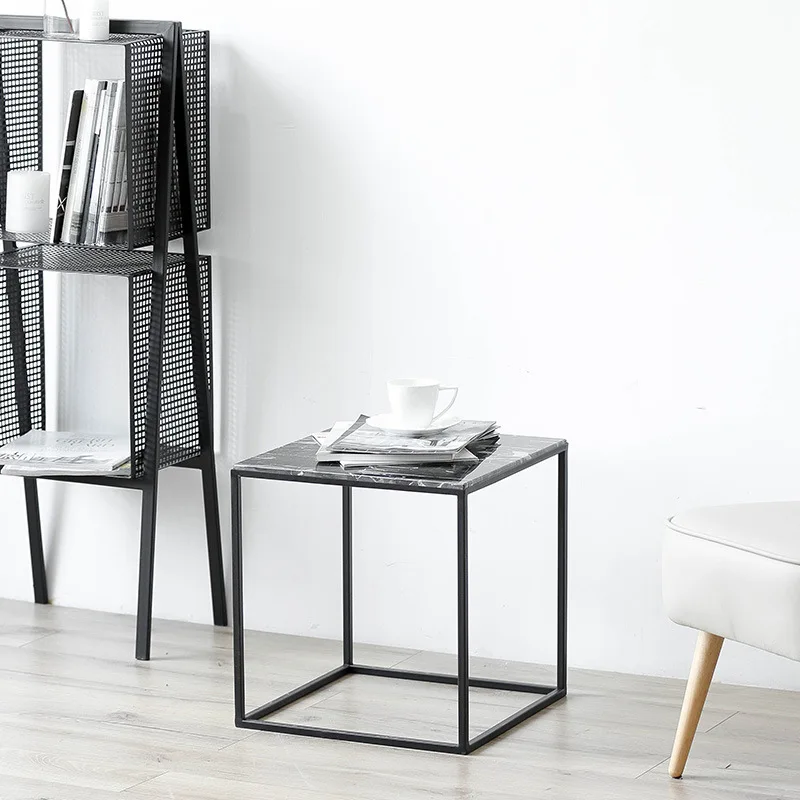 Marble sofa side coffee table, simple living room square small apartment wrought iron side table