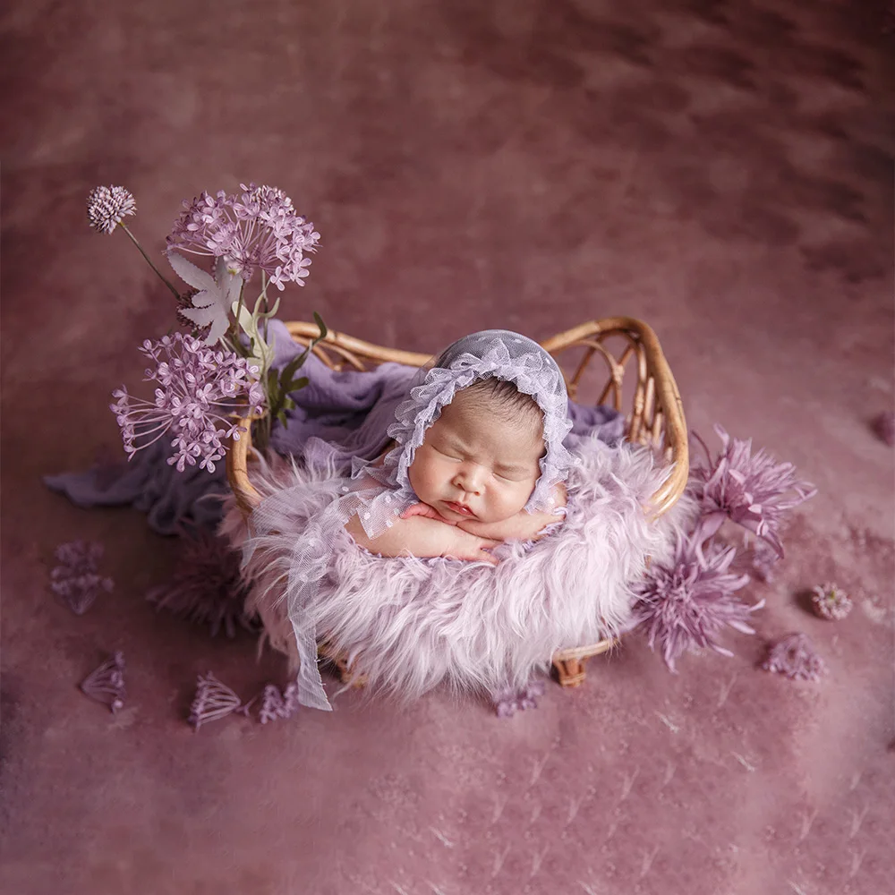 Accesorios de fotografía infantil, manta elástica suave de Seersucker púrpura, tocado de flores para estudio, utilería de sesión de fotos de luna llena para niño y niña