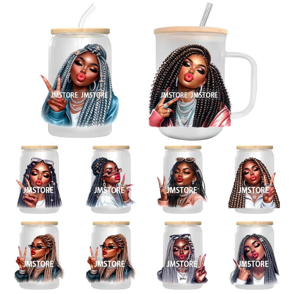 Beautiful Black Girl Good Vibes UV DTF Sticker Cup Decals Ready To Apply Durable Transfer Stickers For 16OZ Glass Cups Tumbler