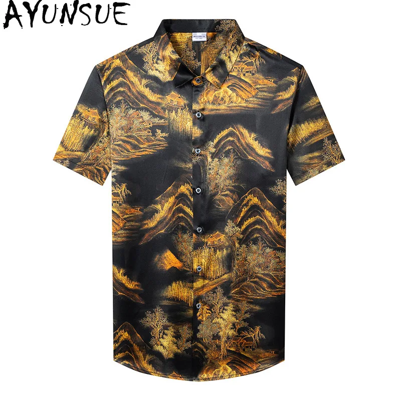 

AYUNSUE High Quality 92.5%Real Mulberry Silk Shirt Man Fashion Printed Short Sleeve Shirt Vintage Summer Top Men Shirt Outerwear