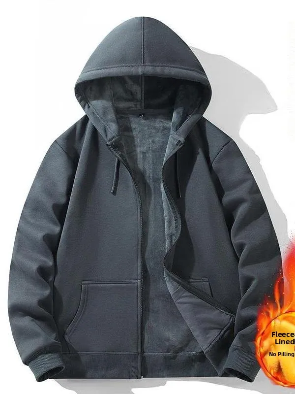 

Thiened Hooded Zipper Cardigan Sweatirt Men's Casual Outerwear Winter Coat for ex Comfortable Loose Fit Fce Lined ...