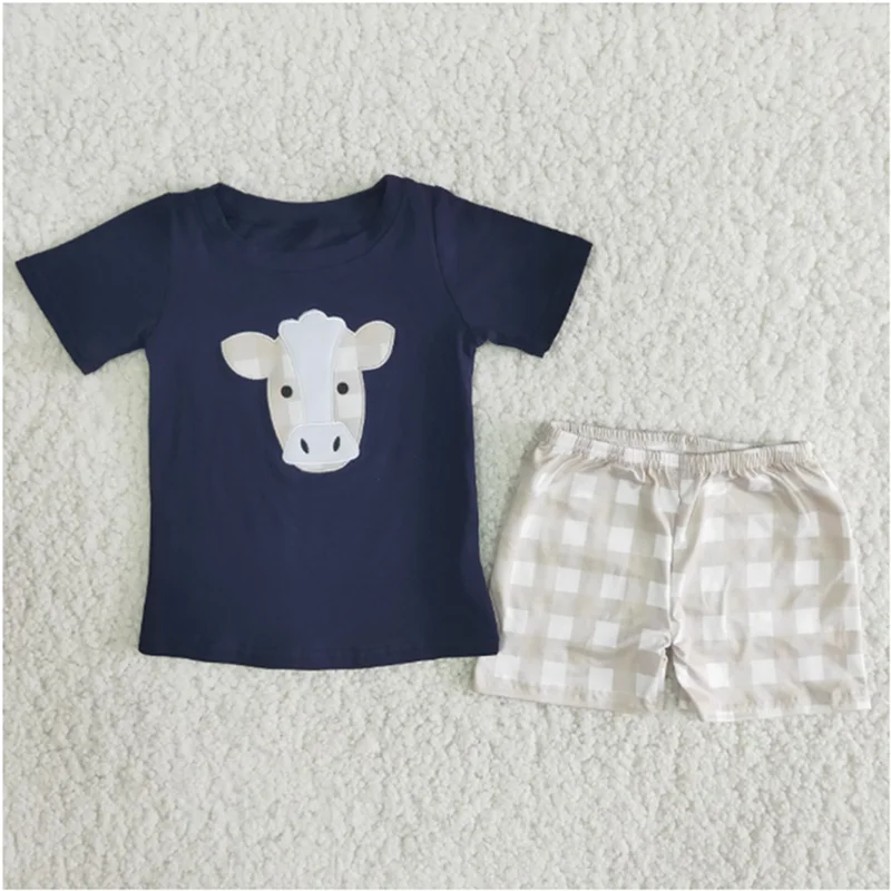 New summer fashion cute summer cow print top  polka dots shorts style baby boys 2pcs outfits clothing sets