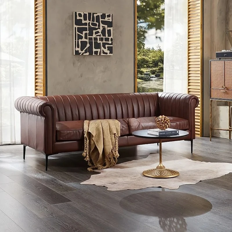 *Nordic retro style sofa first layer cowhide three-person classic retro oil wax leather