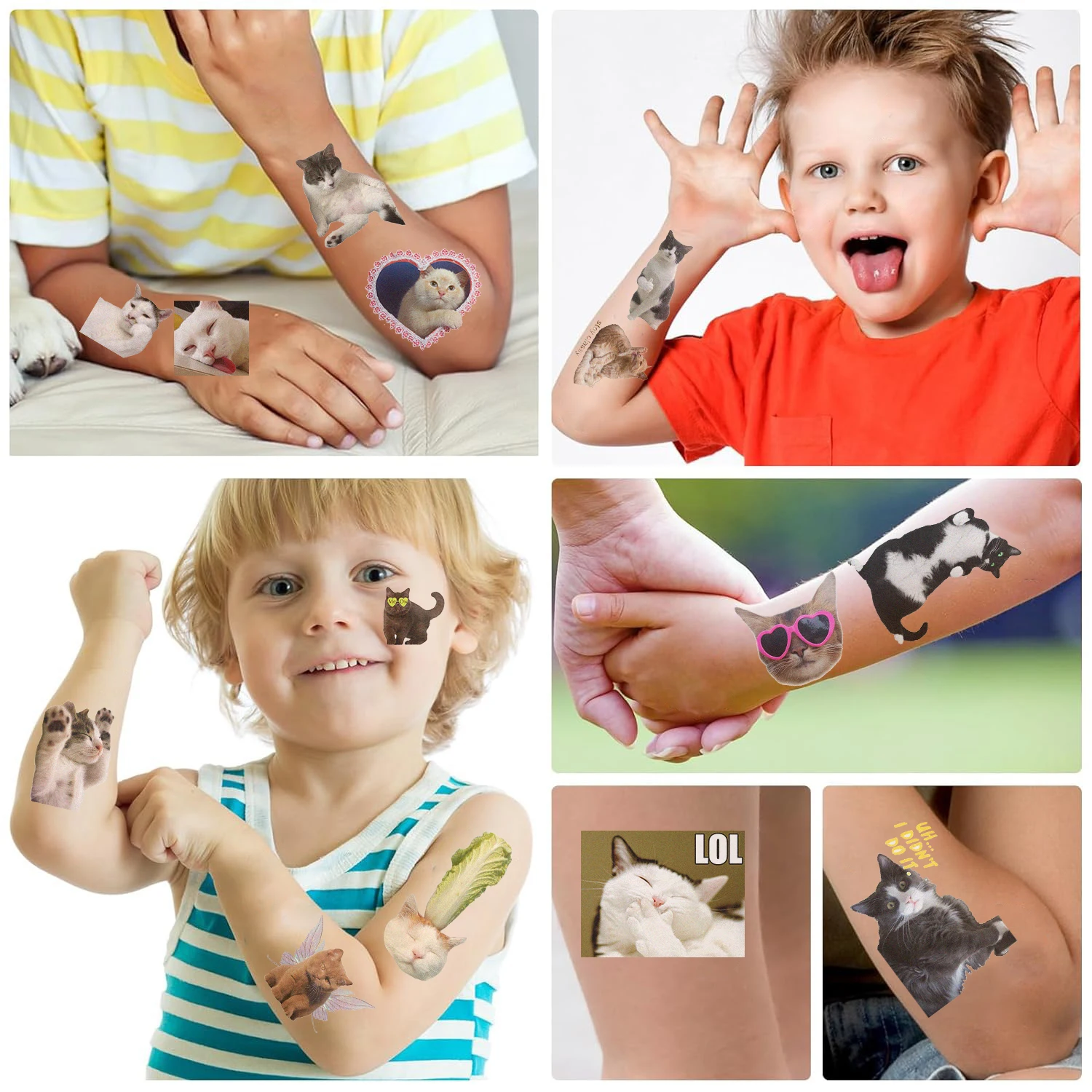 Faux Autocollants de Tatouage Temporaire avec Chats de Dessin Animé, Imperméables, Animaux Mignons, pour Enfant, DIY Bricolage, 10 Pièces