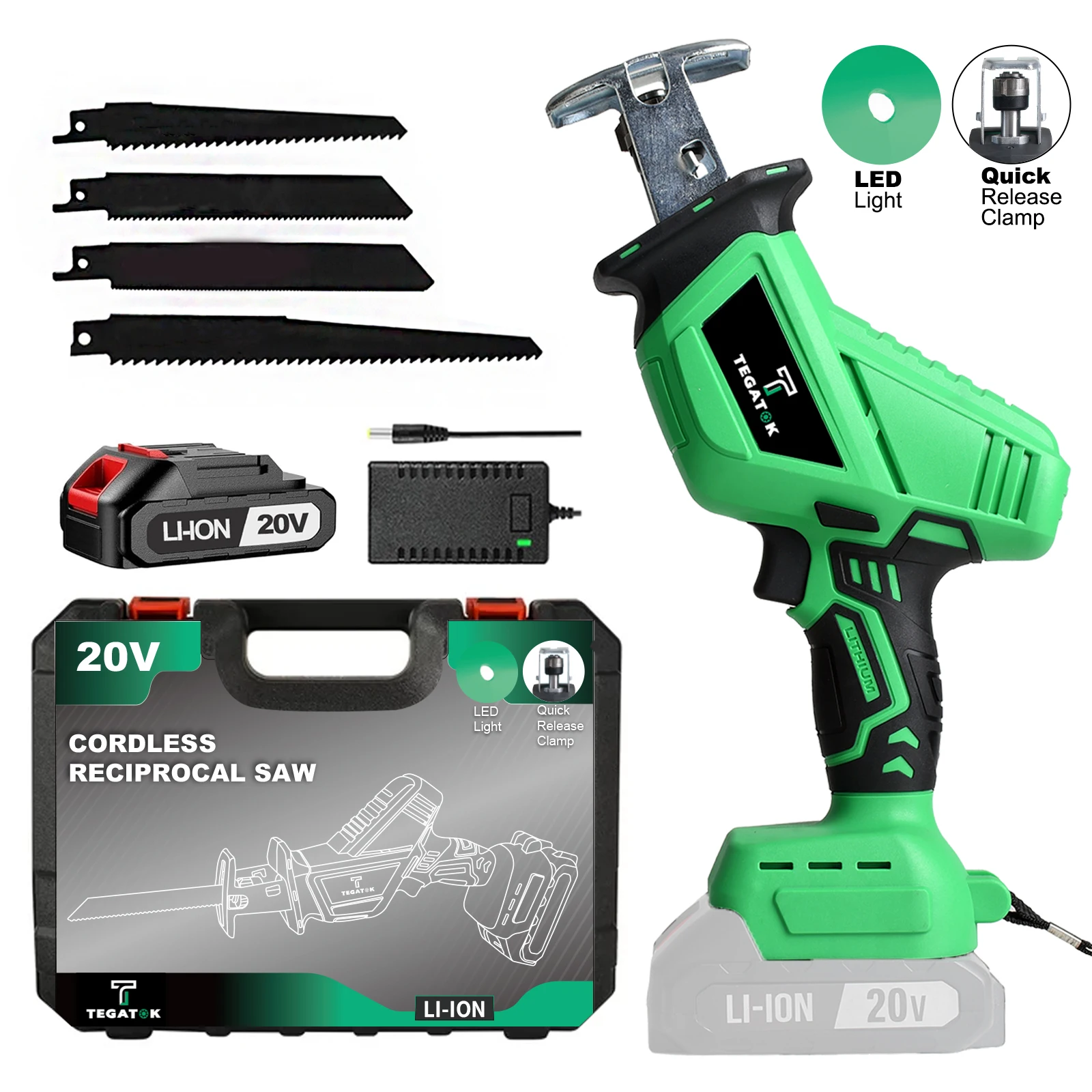 Tegatok 20V Cordless Reciprocating Saw, 1*2.0AH Battery, Variable Speed 3000 RPMToolbox For Wood, Metal, And PVC Cutting