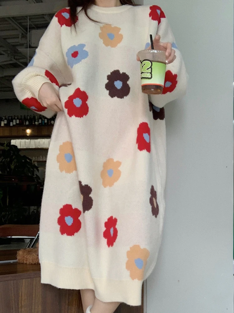 

Floral Knitted Dress Women Korean Fashion Oversized Sweet Dress Female Autumn Winter Casual Loose Long Sleeve Sweater Long Dress