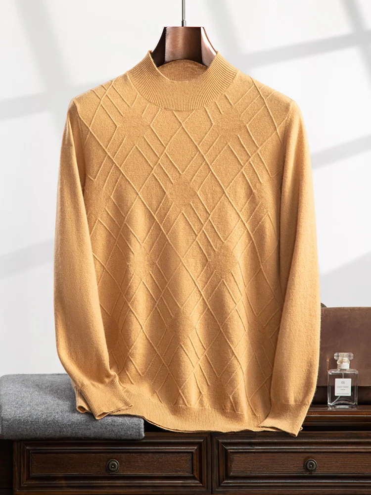 

High Quality 100% Cashmere Sweater Men Fall Winter Warm Mock Neck Pullover Diamond pattern Smart Casual Cashmere Knitwear Tops