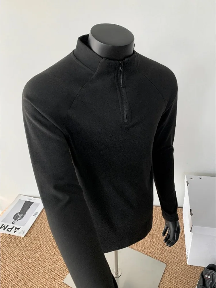 American Style Half Zipper Velvet Men's Autumn Winter Sportswear Long Sleeve High Collar Base Shirt Cleanfit Inner Wear T-Shirt