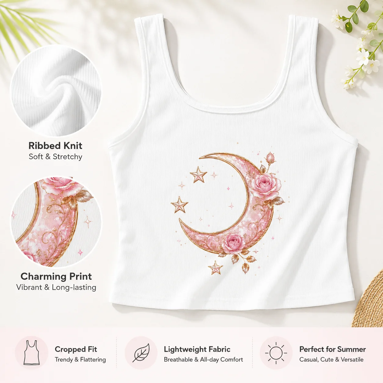 Women Ribbed Tank Top Camisole Summer Casual Stars Moon Crucifix Printed Graphics Strap Crop Tops Breathable Sleeveless Vest