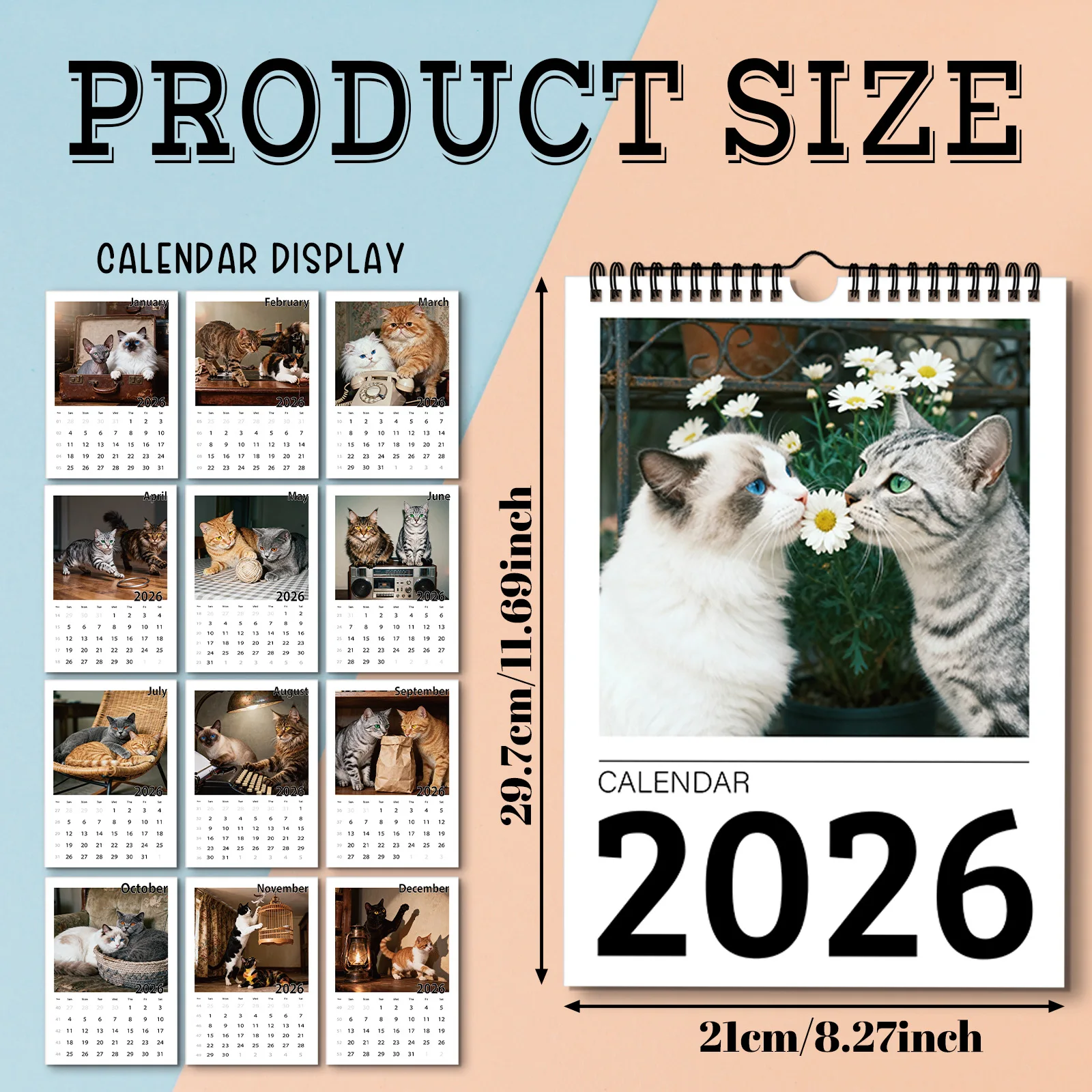 1 قطعة 2026 تقويم حائط A4، تقويم عيد الميلاد، مخطط شهري مع صور قطة لطيفة، مثالي للمعلم المنزلي للمكتب والمدرسة #2